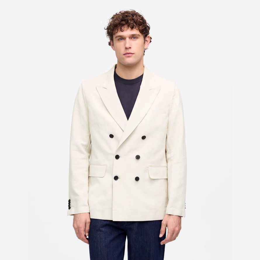 crema para hombre madewell doble botonadura de algodón-lino mezcla blazer
