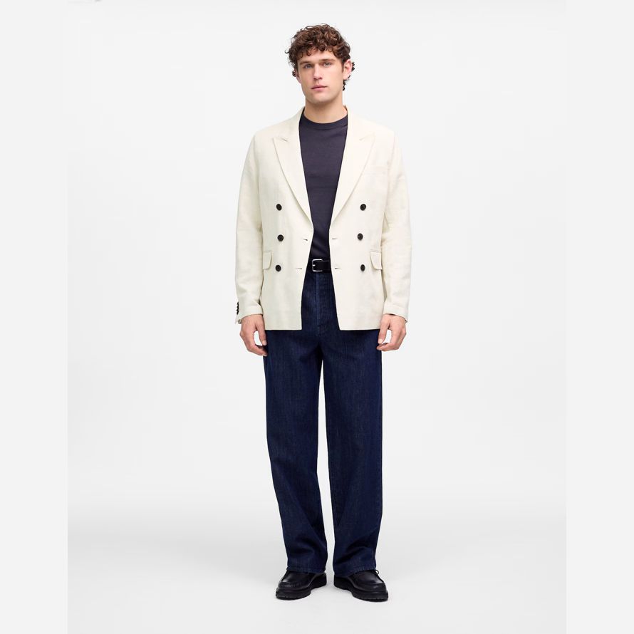 crema para hombre madewell doble botonadura de algodón-lino mezcla blazer