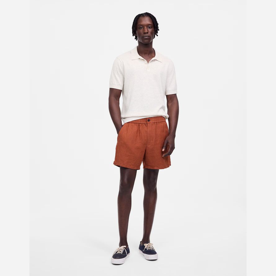 naranja marrón mens madewell everywear pantalones cortos de lino