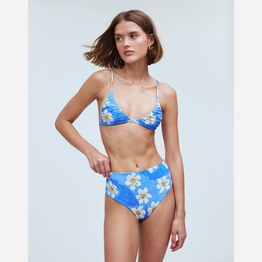 madewell zulu amp zephyr hawaii de cintura alta para mujer de la parte de abajo del bikini azul blanco