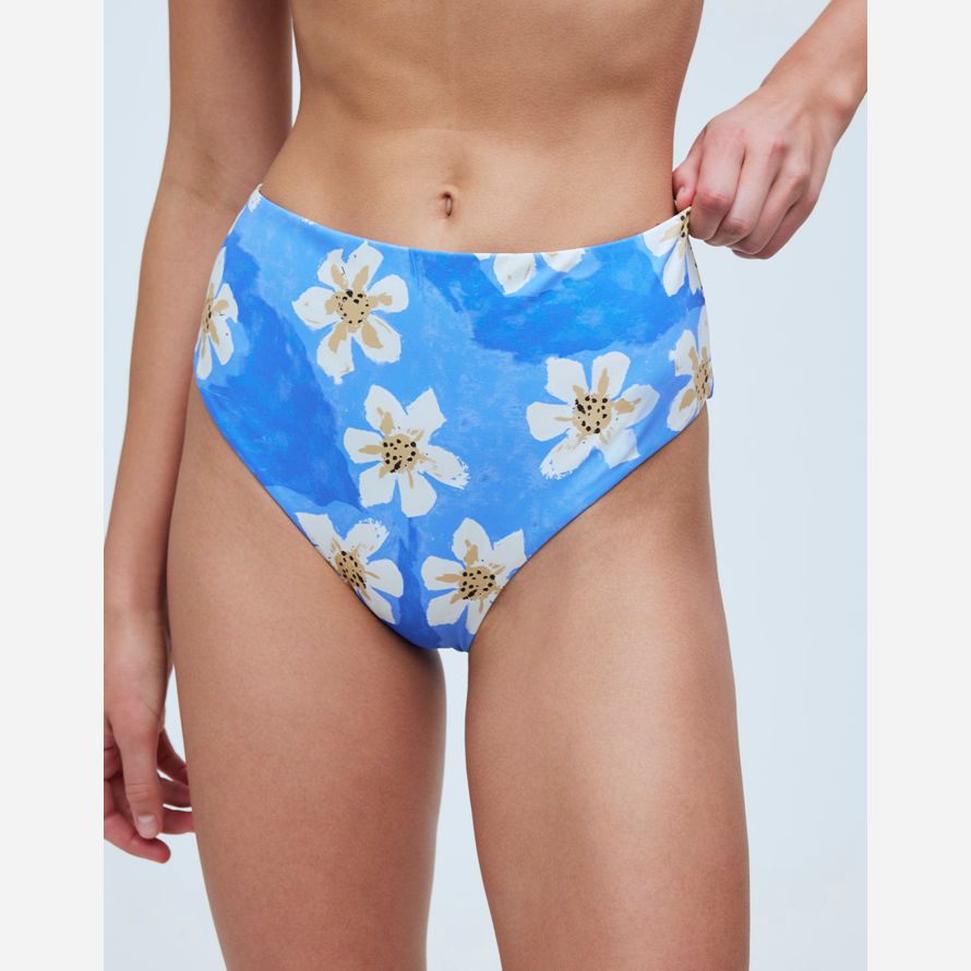 madewell zulu amp zephyr hawaii de cintura alta para mujer de la parte de abajo del bikini azul blanco