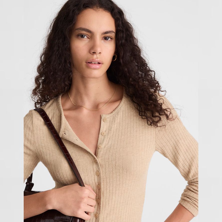 beige madewell textura de corte con cuello redondo para mujer de la chaqueta de punto
