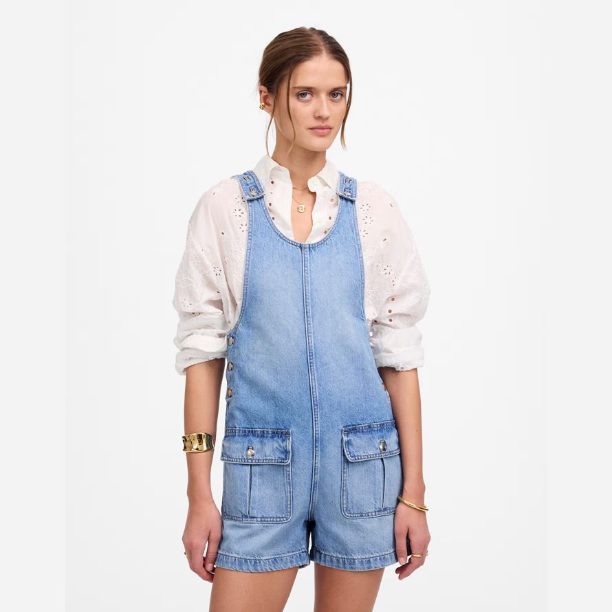madewell cuello short de denim de mujer overoles azules