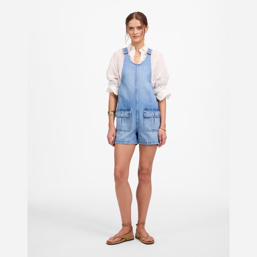 madewell cuello short de denim de mujer overoles azules