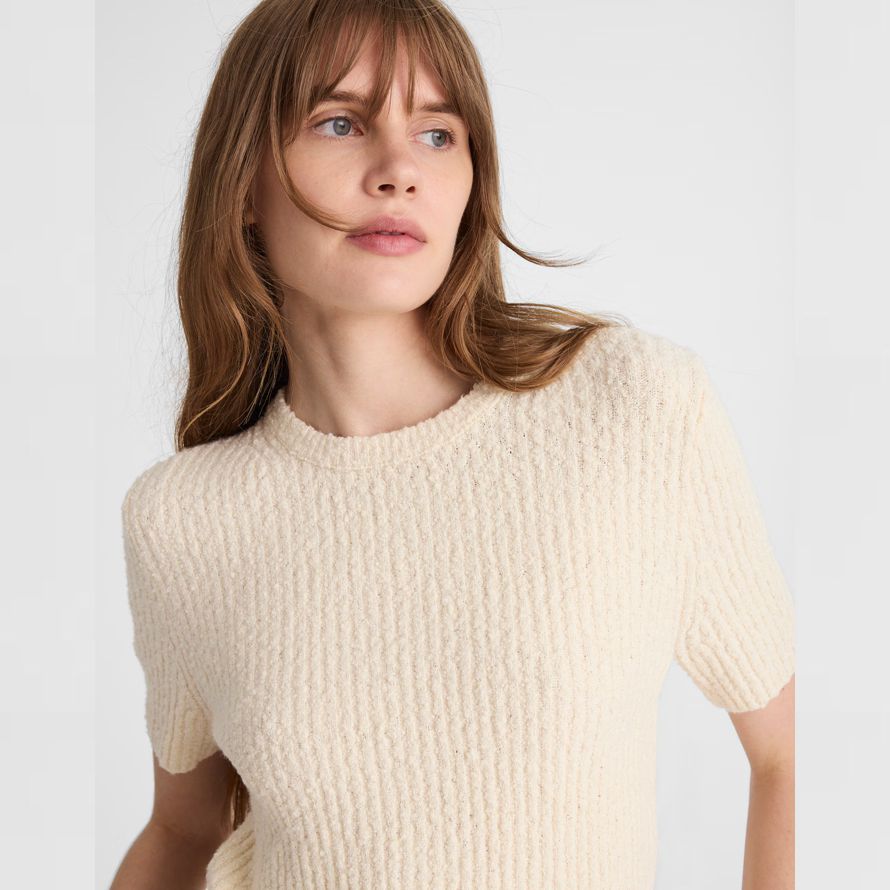 crema de madewell bouclé-de punto con cuello redondo de manga corta para mujer suéter