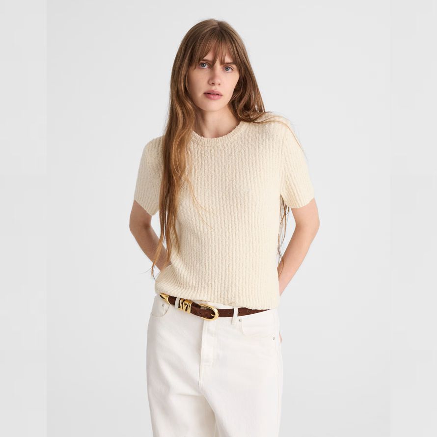 crema de madewell bouclé-de punto con cuello redondo de manga corta para mujer suéter