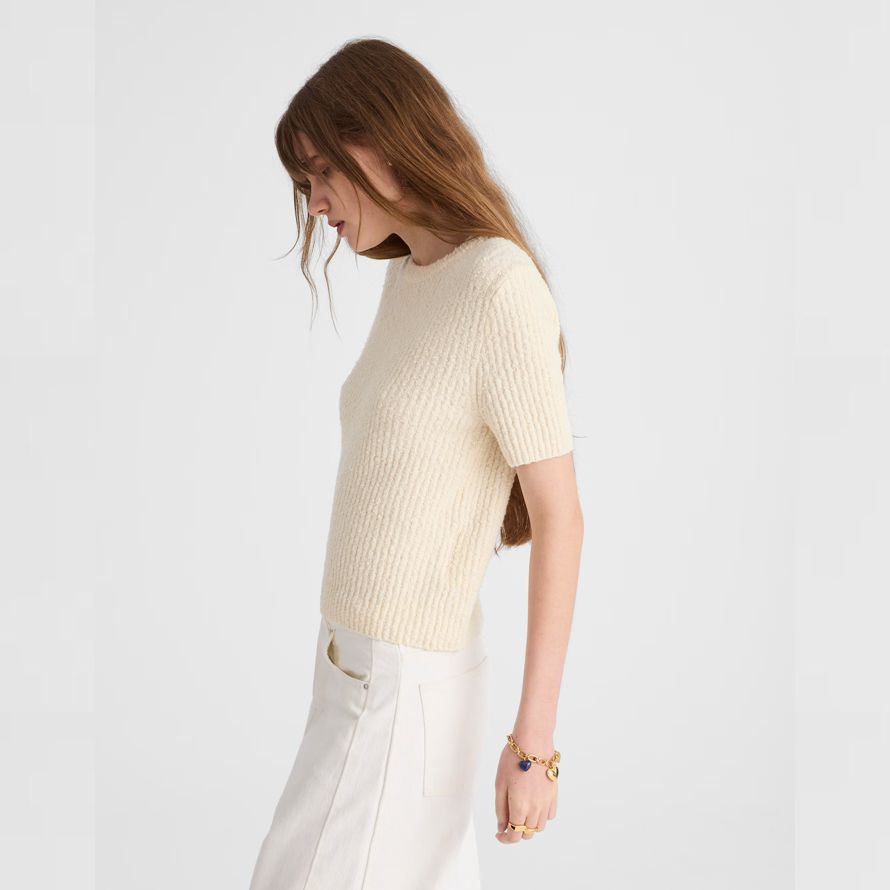 crema de madewell bouclé-de punto con cuello redondo de manga corta para mujer suéter