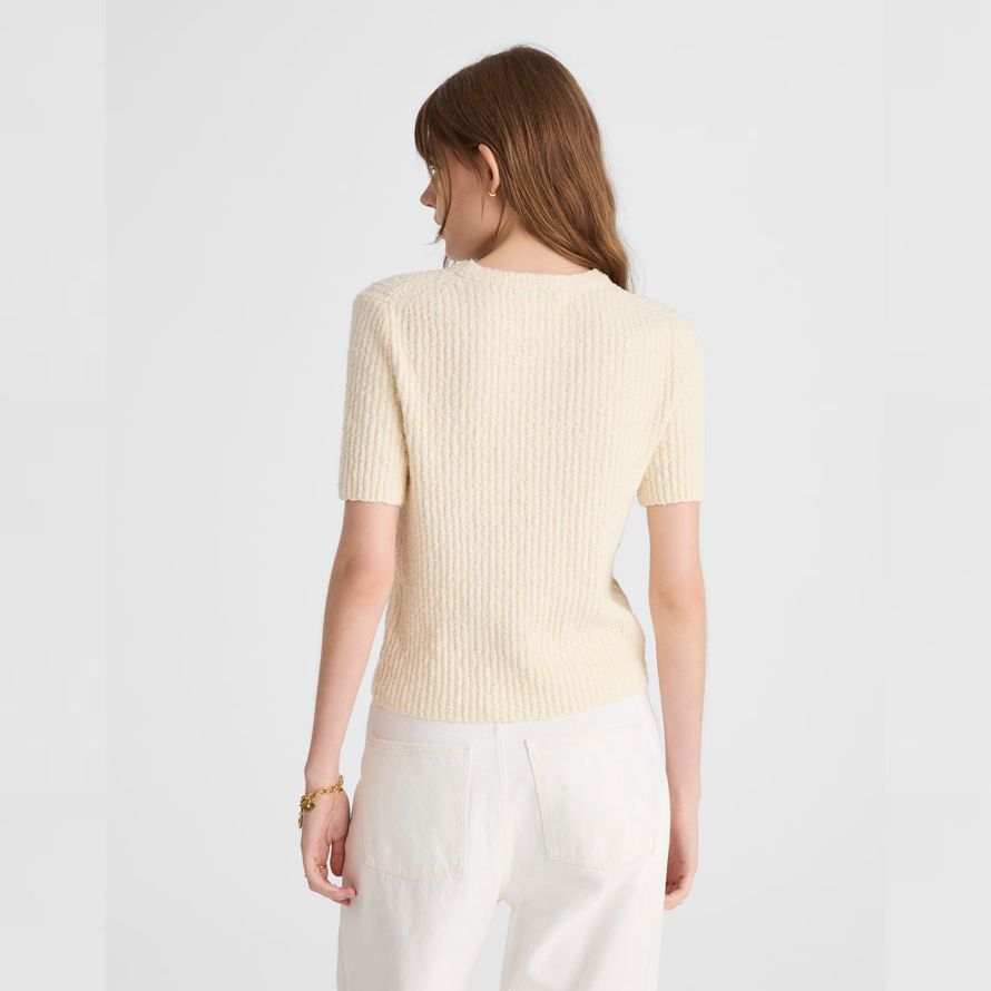 crema de madewell bouclé-de punto con cuello redondo de manga corta para mujer suéter