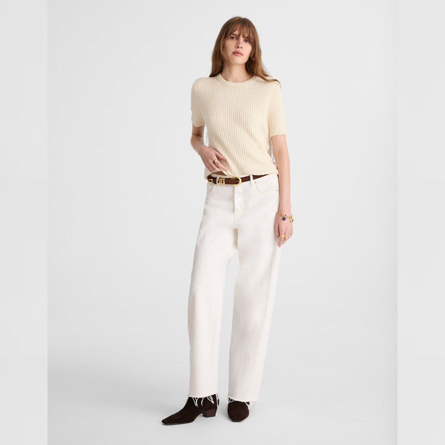 crema de madewell bouclé-de punto con cuello redondo de manga corta para mujer suéter