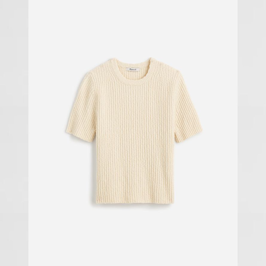 crema de madewell bouclé-de punto con cuello redondo de manga corta para mujer suéter