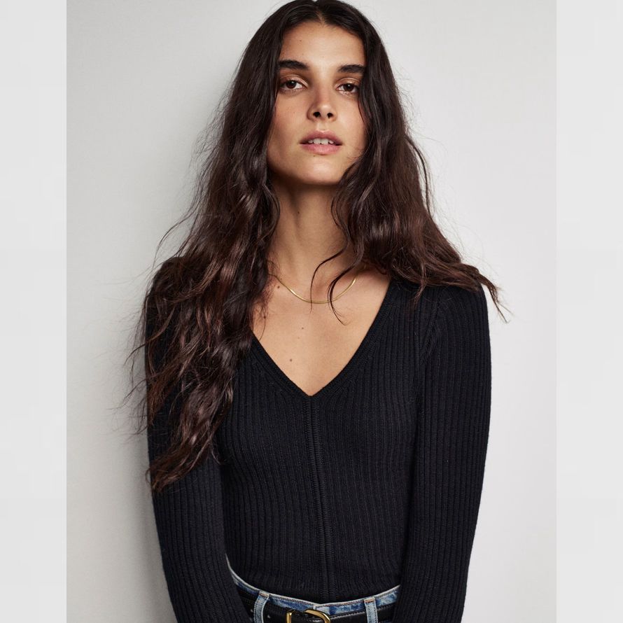 black womens madewell los apios de cuello en v suéter de lana merino