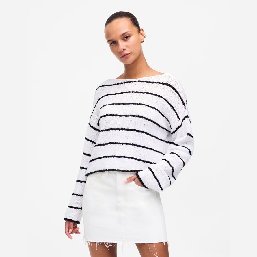 blanco negro madewell boatneck jersey suéter de la mujer