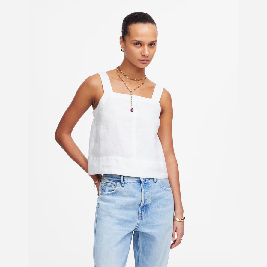 womens madewell contraste de puntada squareneck top blanco
