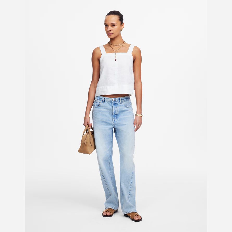womens madewell contraste de puntada squareneck top blanco