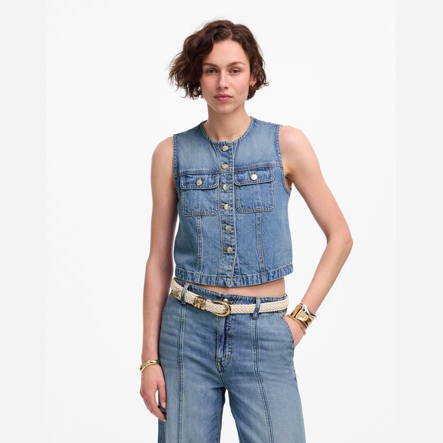 azul mujeres madewell recortada aireado denim chaleco